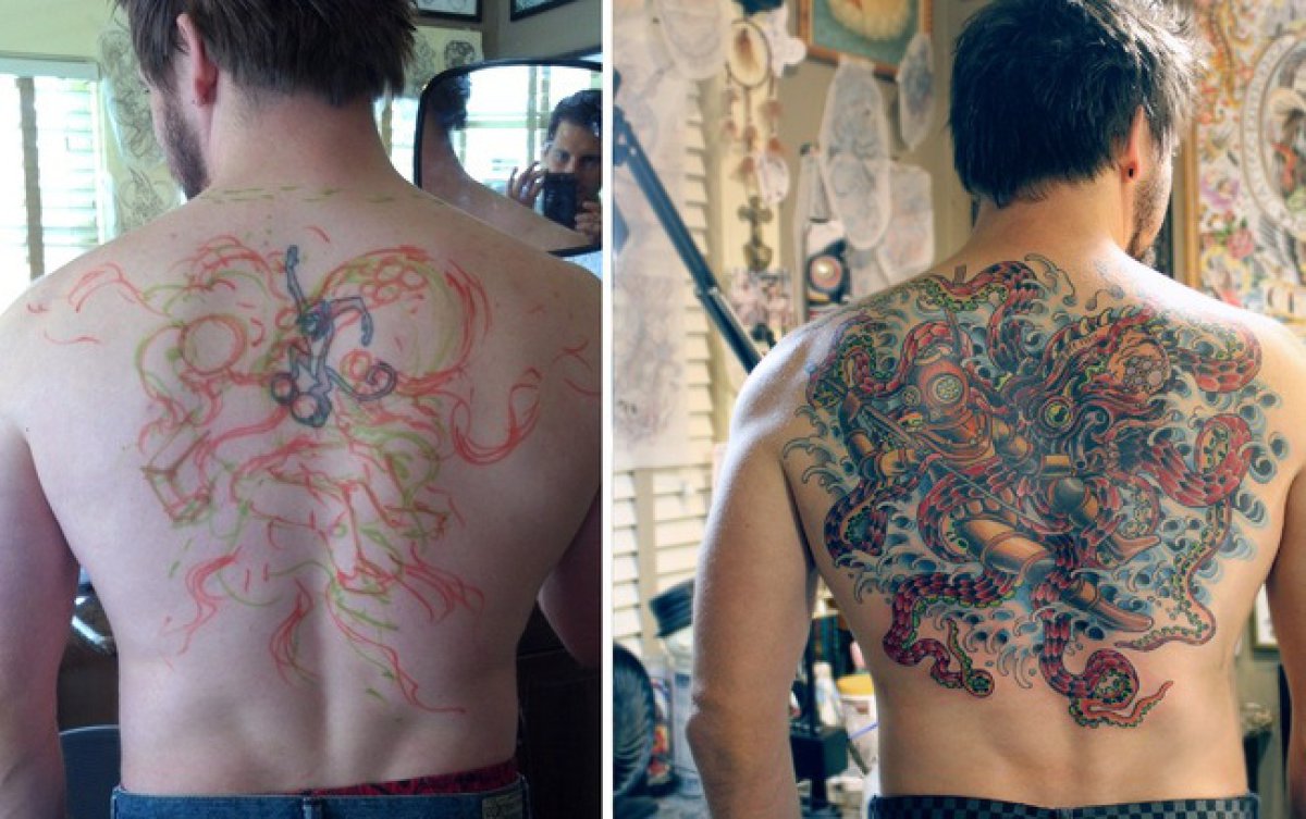 Перекрытие больших татуировок на спине