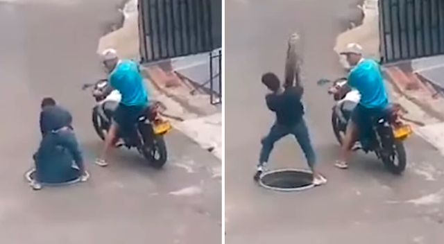 Ladrón intenta robarse la tapa de alcantarilla, pero se cae en el hueco que dejó