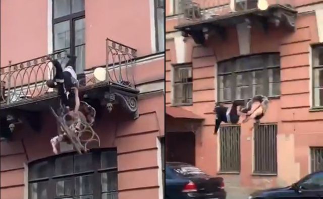 VIDEO: Pareja cae de un segundo piso mientras discutía