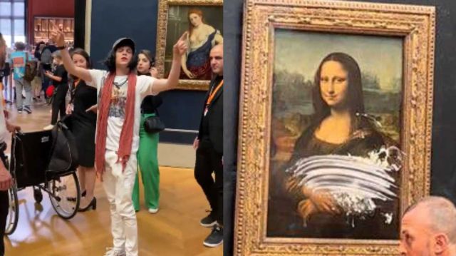 “Piensen en la Tierra”: Hombre disfrazado de anciana lanzó un pastel a la Mona Lisa
